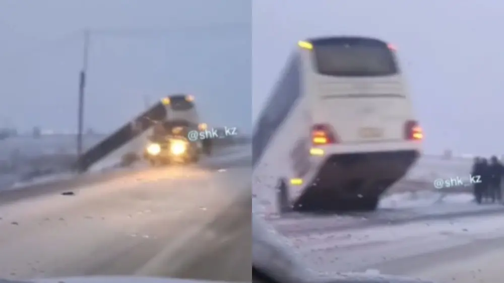 Автобус с 50 пассажирами из-за гололёда съехал в кювет в Карагандинской области